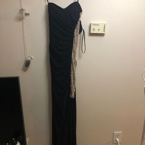 Strapless floor-length formal dress with long slit